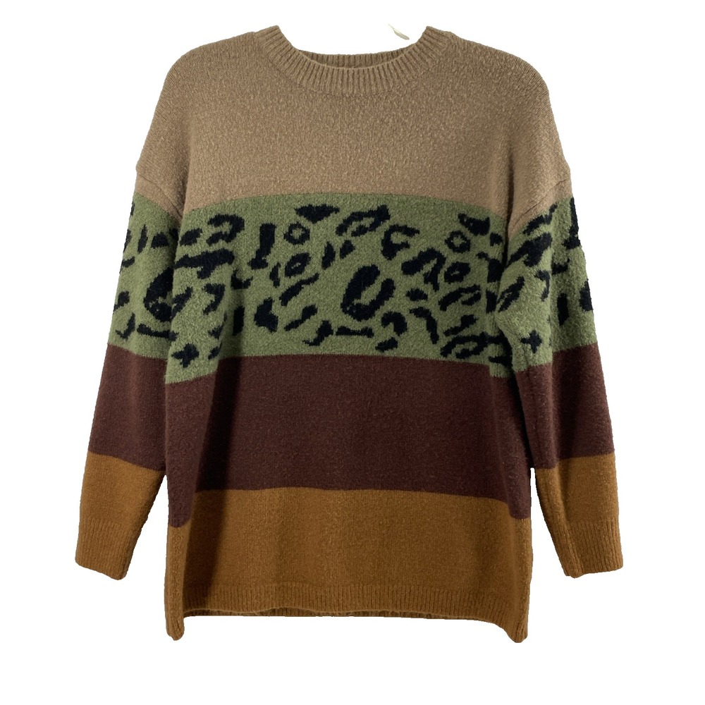 OTT Sweater Womens Sz Medium Green Animal Print Brown Stripe Pullover Soft Cozy